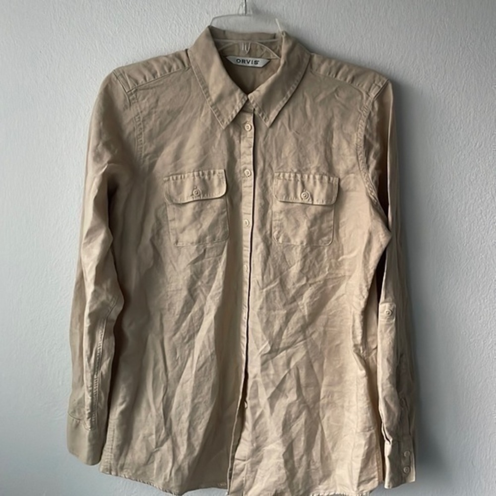 Orvis shirt women’s size small tan linen button up